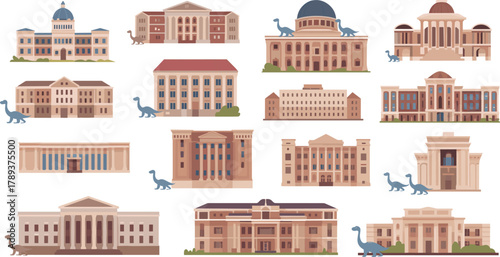 Historic museum building collection with dinosaurs, classical architecture illustration, educational landmark design, cultural heritage, history and science exhibition concept