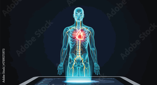 Digital Healthcare Innovation. Surgeon Analyzing Human Anatomy and Vitals with Holographic Interface and Medical Icons in Operating Room.