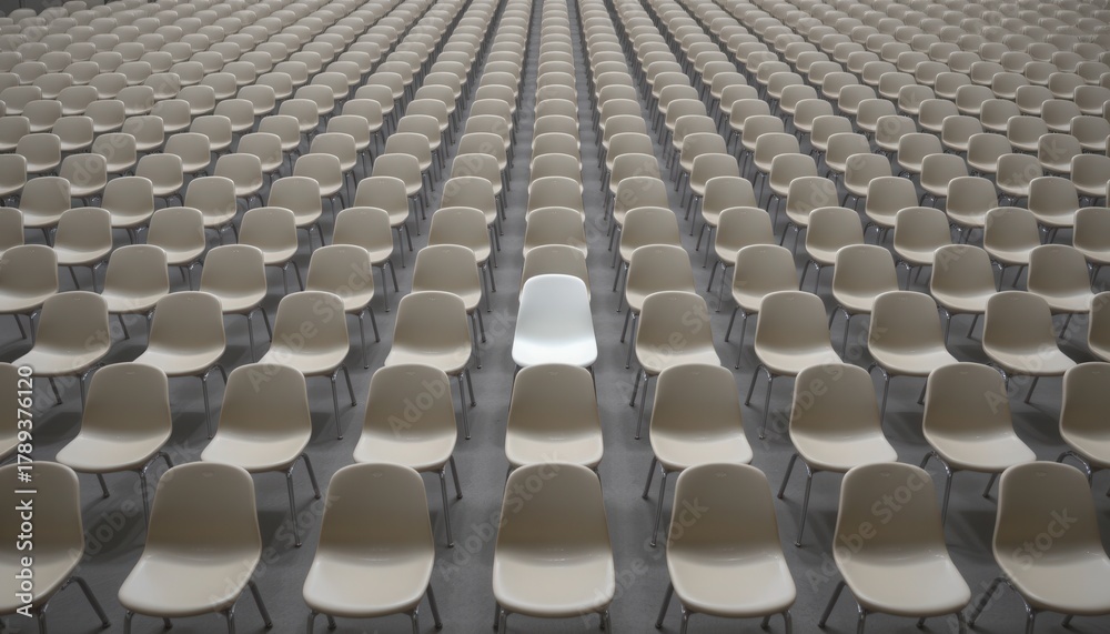 Fototapeta premium Vast Assembly of Empty Plastic Chairs in a Symmetrical Pattern Within a Spacious Indoor Venue
