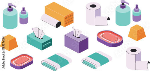isometric bathroom accessories set with soap dispenser, towel, tissue box, toilet paper, sink, hygiene and cleaning products illustration design