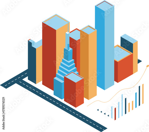 Isometric city skyscrapers illustration, modern urban architecture, colorful 3D buildings, business district growth, data analytics, real estate development concept