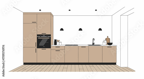 A minimalist modern kitchen interior design with beige cabinets, black accents, and wooden flooring on a white background.