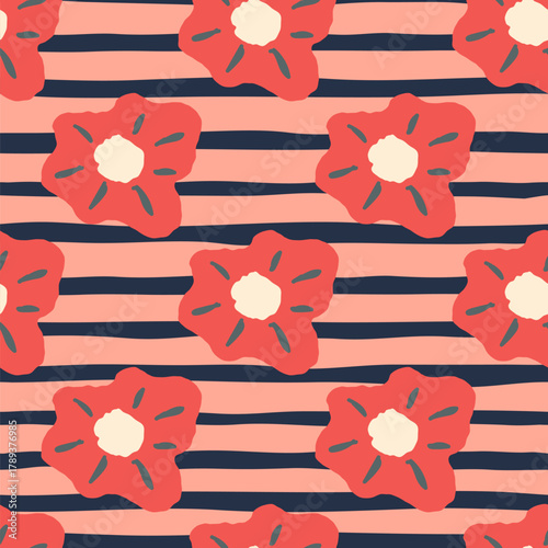 Abstract floral pattern with red flowers on striped background, modern geometric repeat design