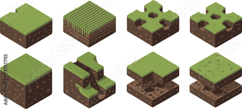 isometric grass soil game terrain block set, 3d green land cube tiles, voxel ground landscape elements, nature environment illustration design