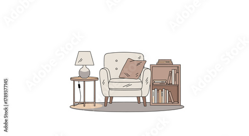 Cozy reading corner illustration with a comfortable armchair, side table with lamp, and a small bookshelf on a white background.