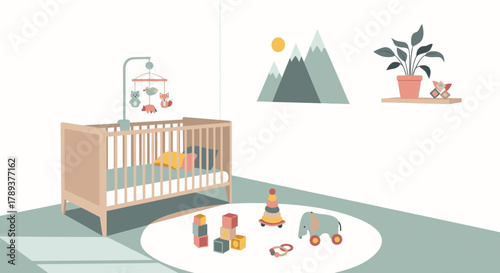 A cozy nursery room with a wooden crib, a colorful stacking toy, wooden blocks, and an elephant toy on a rug.