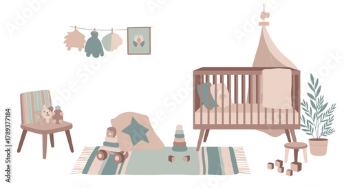 A cozy, pastel-colored illustration of a baby's nursery with a crib, chair, rug, toys, and wall decorations, creating a serene and playful atmosphere.