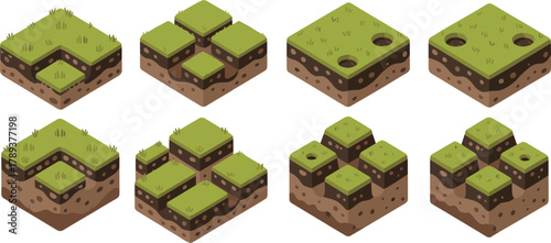 isometric grass soil game terrain block set, 3d green land cube tiles, voxel ground landscape elements, nature environment illustration design