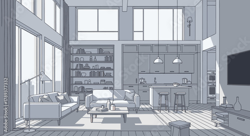 Modern interior design of a spacious living room with large windows and kitchen.