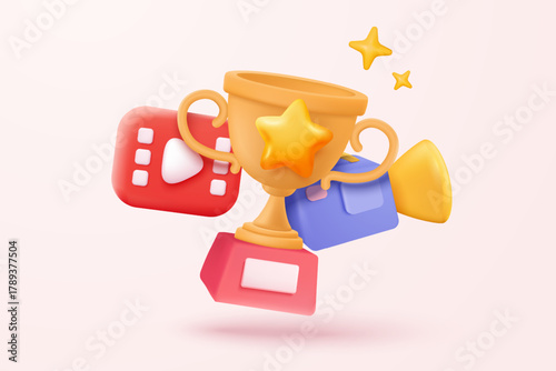 3d winners prize with social media play video, gold winners stars for rewards ceremony. Award ceremony and red round play button for start multimedia. 3d trophy icon vector render vector illustration