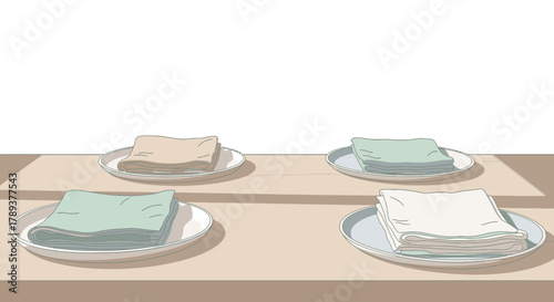 Four plates with folded cloths of different colors on a table.