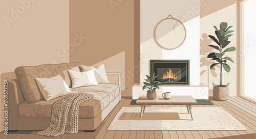 Cozy living room with a fireplace, sofa, plants, and a rug, bathed in sunlight.