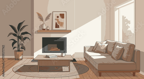 Cozy living room with fireplace and sofa in neutral tones.