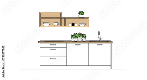 Minimalist modern kitchen interior illustration with white cabinets, wooden countertops, and wall shelves.