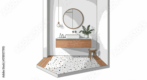 Modern bathroom design featuring a floating wooden vanity, round mirror, and patterned floor tiles.