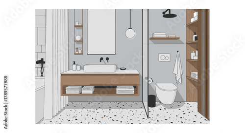 Bathroom interior with sink, toilet, shower and shelves.