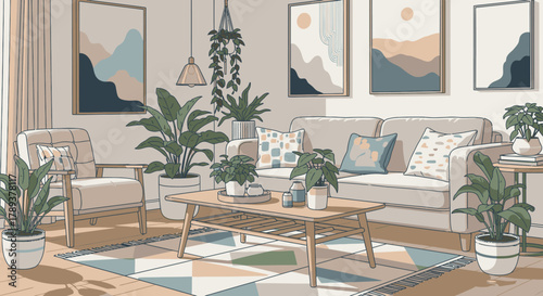 A cozy and modern living room interior filled with houseplants and abstract art.