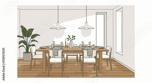 Dining room with a wooden table, chairs, plants, and pendant lights.