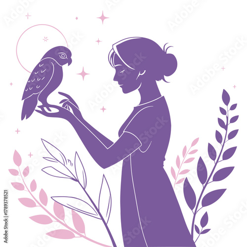 Enchanting woman connecting with her spirit animal owl in a mystical moonlit garden illustration for spiritual wellness