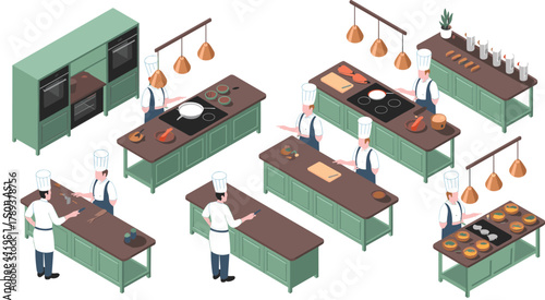 Isometric professional kitchen illustration with chefs cooking, preparing food, using stoves, ovens, utensils, and countertops in culinary training environment