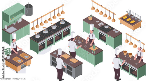 Isometric professional kitchen illustration with chefs cooking, preparing food, using stoves, ovens, utensils, and countertops in culinary training environment