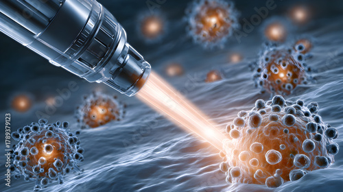 Advanced technology targeting harmful cells in a microscopic view, showcasing a futuristic laser application aimed at eradicating disease-causing pathogens and improving health outcomes.