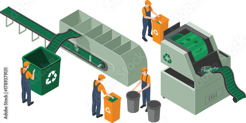 isometric recycling factory with conveyor belt and workers sorting waste, waste management process, eco friendly industrial recycling illustration design