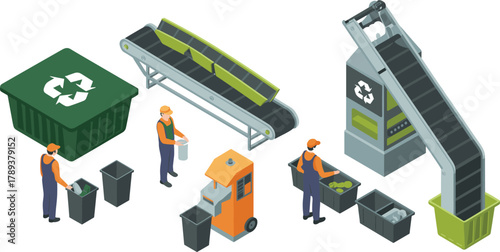 isometric recycling factory with conveyor belt and workers sorting waste, waste management process, eco friendly industrial recycling illustration design