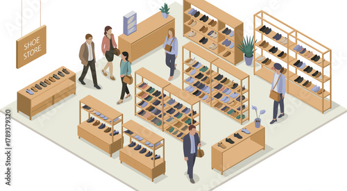 isometric shoe store interior with customers shopping footwear, modern retail shop design, people buying shoes, fashion store illustration