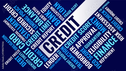 Credit score and finance word cloud, banking eligibility and loan term illustration
