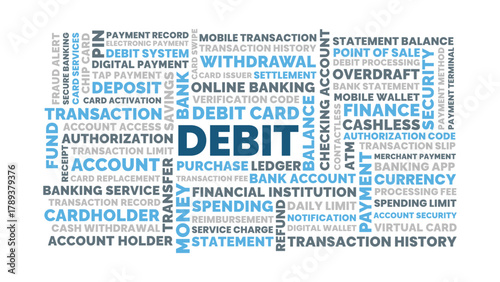 Debit Word Cloud, Banking Transactions and Cashless Finance, Debit Card Terms Word Cloud