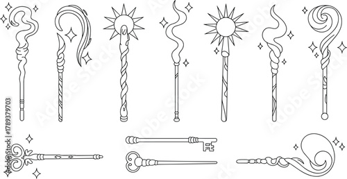 Magical wands and staffs illustration collection in black and white line art style for fantasy, wizard, and mystical designs