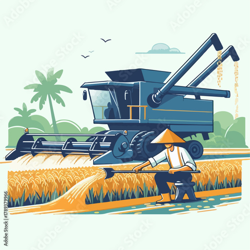 combine harvester working on wheat field