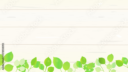 白い木目に葉っぱの背景素材(16:9)