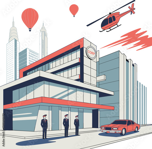 Modern corporate headquarters building with helicopter and hot air balloons, business security team, luxury car, city skyline, futuristic architecture design illustration
