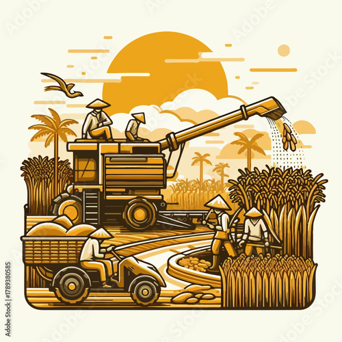 combine harvester working on wheat field