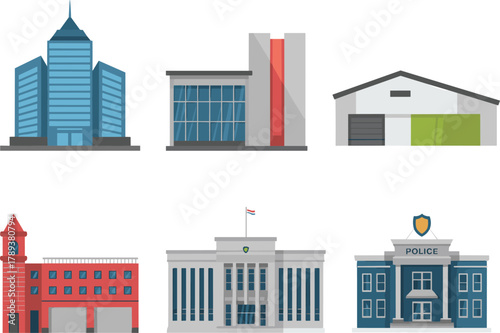 Modern public building collection, office, fire station, warehouse, police department, government architecture, urban construction, flat design illustration set