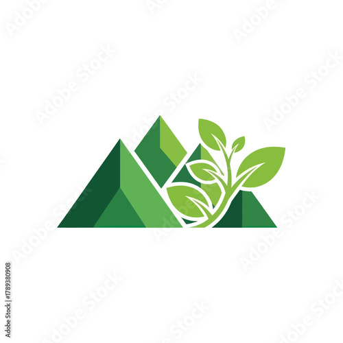 Green mountain peaks with plant leaves nature logo design concept.