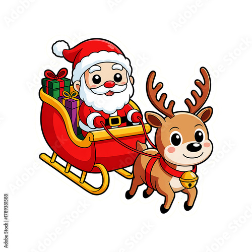 Santa is ready for takeoff! The jolly man smiles from his bright red sleigh, packed with gifts and led by a cheerful reindeer with a glowing red nose