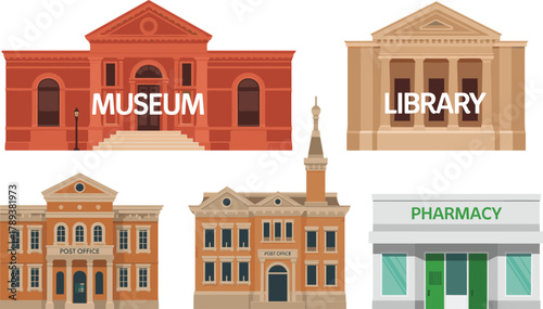 Public building illustration set with museum, library, post office, pharmacy, government architecture, urban services, flat design city collection