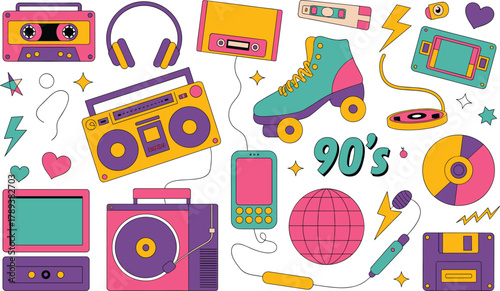 Retro 90s digital illustration with colorful vintage gadgets, cassette tapes, boombox, roller skates, computer, and nostalgic pop culture icons
