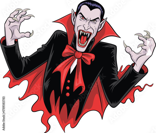 Scary vampire cartoon illustration with red cape, sharp fangs, and menacing expression, Halloween horror character art on white background