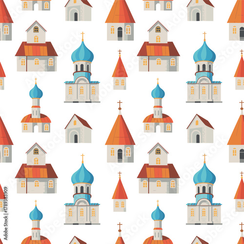 Seamless pattern of traditional church buildings with domes and spires, colorful religious architecture illustration, cultural heritage design background