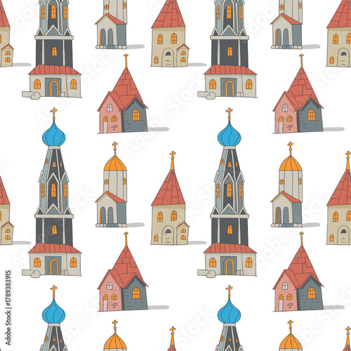 Seamless pattern of traditional church buildings with domes and spires, colorful religious architecture illustration, cultural heritage design background