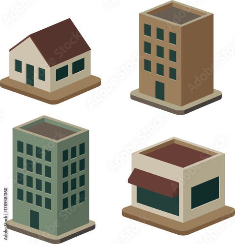 Set of 3D isometric building illustrations including house, apartment, and commercial shop, modern architecture collection for urban design
