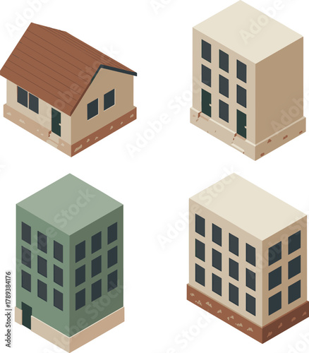 Set of 3D isometric building illustrations including house, apartment, and commercial shop, modern architecture collection for urban design