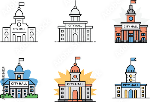 Set of colorful city hall building illustrations, government architecture icons, municipal offices collection, flat vector public administration design