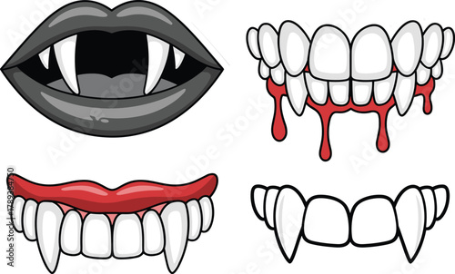 Set of four cartoon vampire teeth designs with fangs, blood details, and scary lips for Halloween fantasy illustration collection