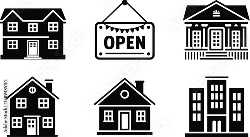 Set of minimalist black and white building icons, modern house silhouettes, real estate illustration, open sign, residential and commercial architecture