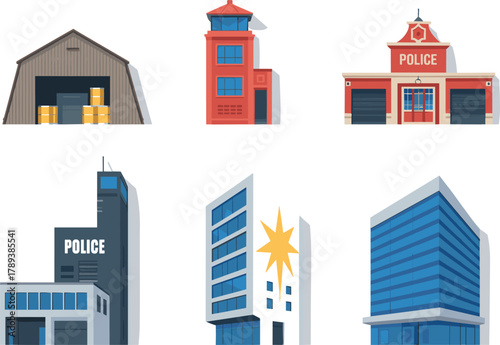 Set of modern city buildings and police stations illustration, warehouse, office tower, government facility, contemporary urban architecture design